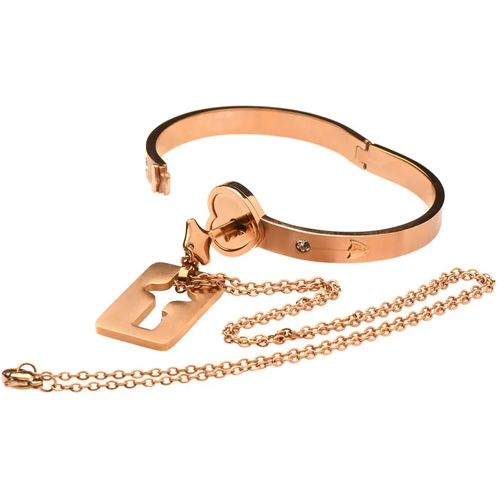 XR Brands Vibrators Cuffed Locking Bracelet Key Necklace in Rose Gold